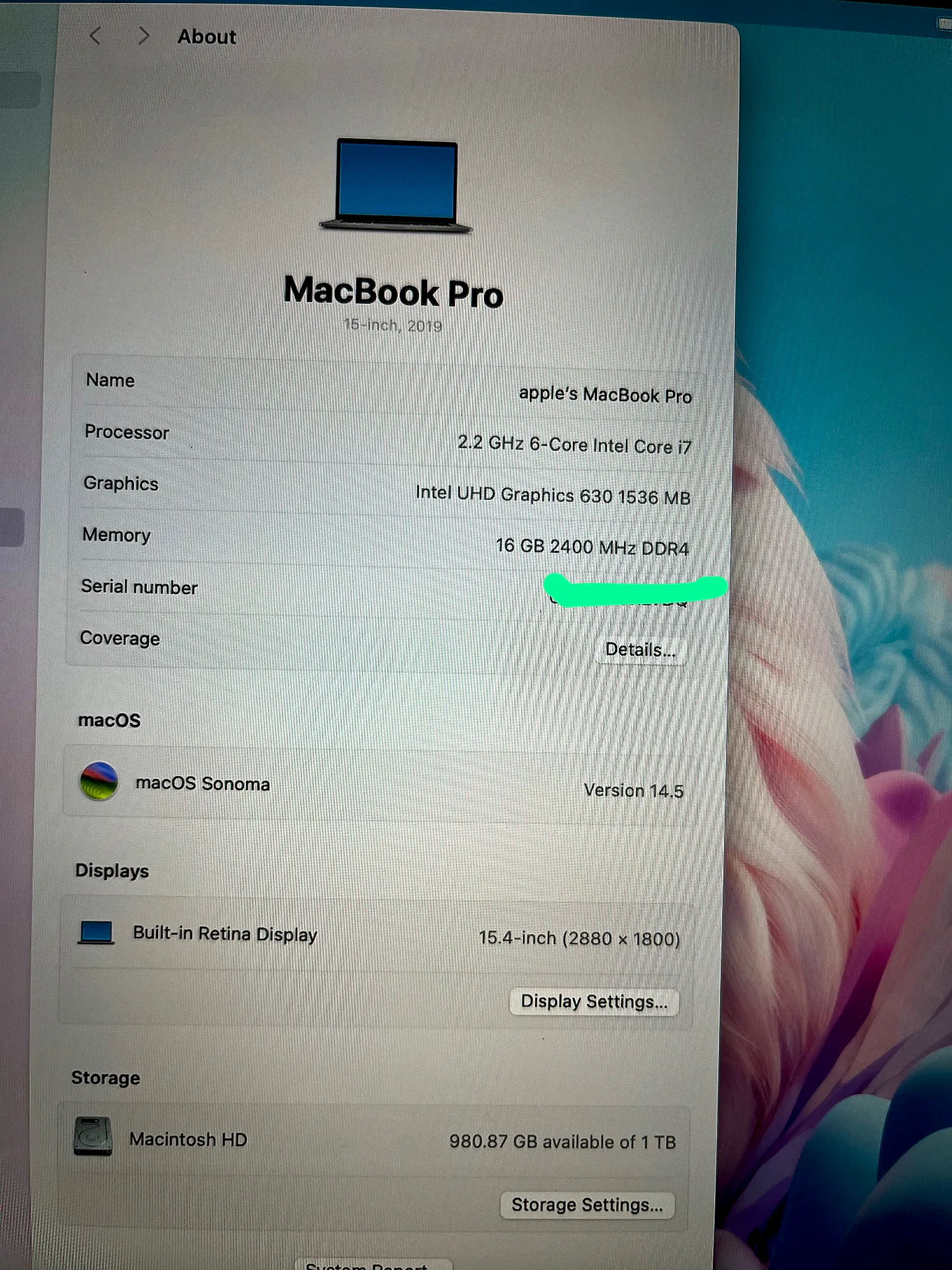 MacBook Pro 15.4" Intel Core i7 (2019) gallery thumbnail 6
